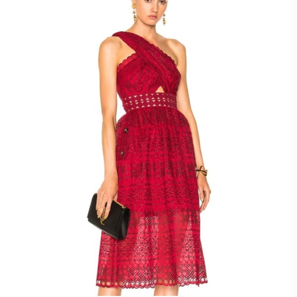 Self-Portrait Red Lace One-Shoulder Midi Dress